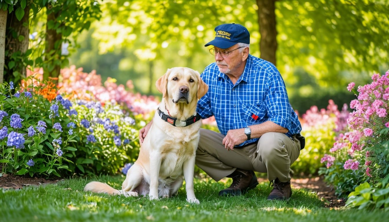 A Labrador assistance dog provides comfort to a veteran in a garden.