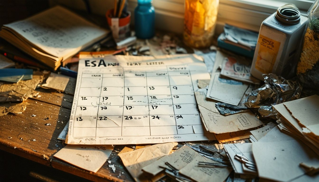 Desk cluttered with outdated calendar and pet supplies, renewing ESA letter.