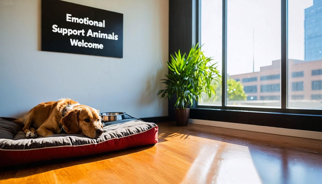 An emotional support dog resting in an office with a welcoming sign.