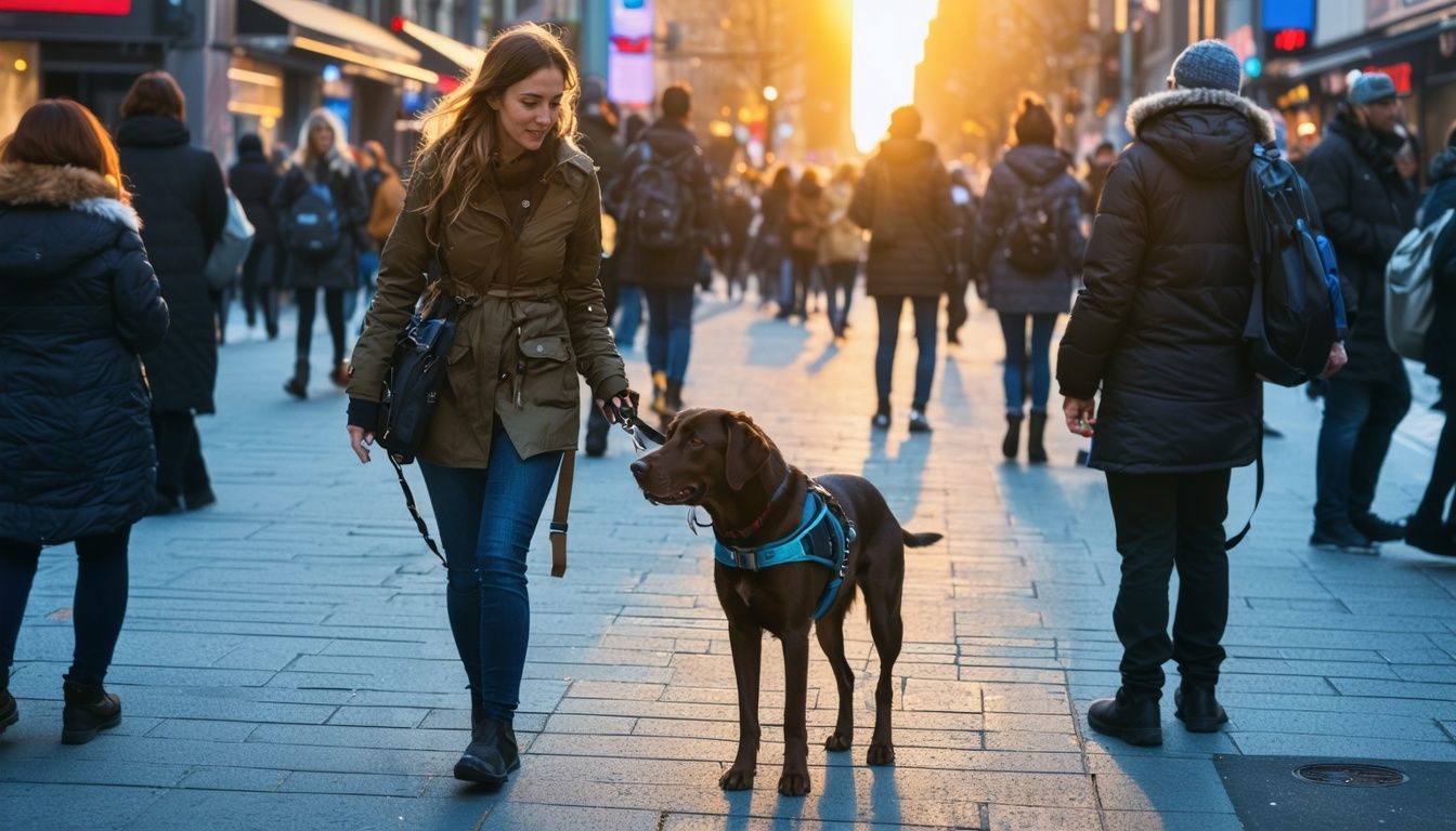 A visually impaired woman is guided by her service dog in a city.