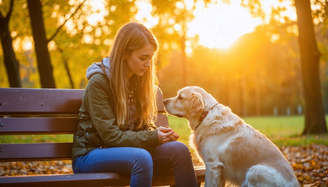 A young woman with anxiety is comforted by her service dog in the park.